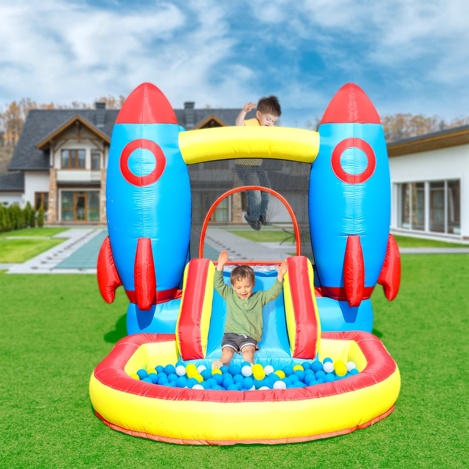 Kids Bounce House With Slide & Ball Pit - 146" Inflatable Castle For Ages 3-12, Indoor Outdoor Use