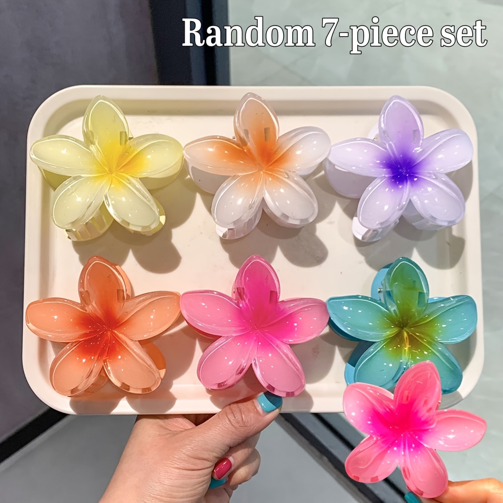Image of 7pcs Set Of Random Large Flower Hair Clips, Gradient Color Frangipani Claw Clips, Casual - Suitable For Women' Wear And Festive Beach Headpieces