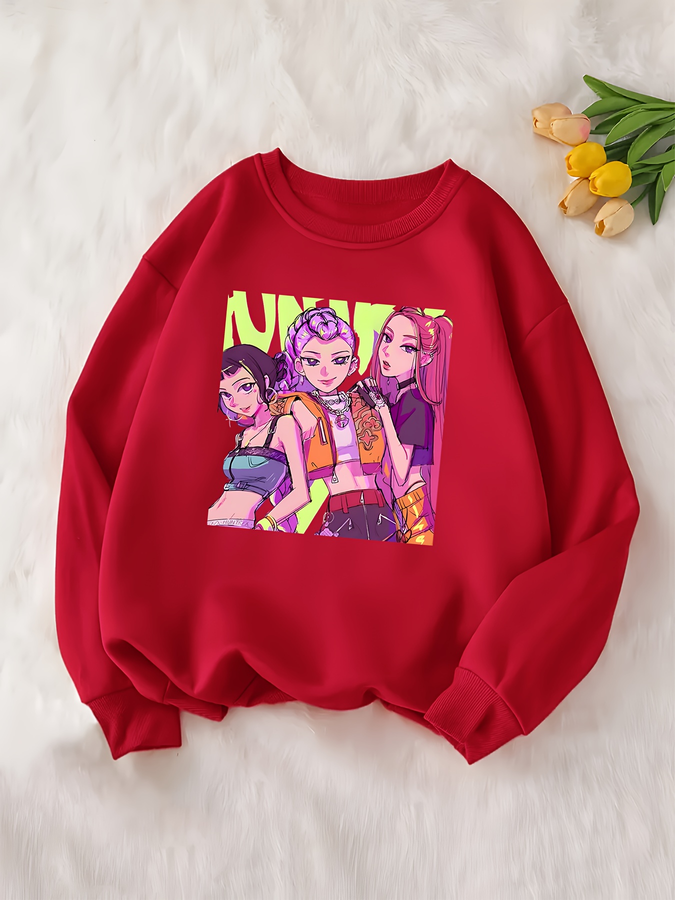 anime   graphic sweatshirt   soft round neck pullover with chibi characters cozy fall winter casual wear halloween outfit cute anime apparel durable comfortable fabric red 0