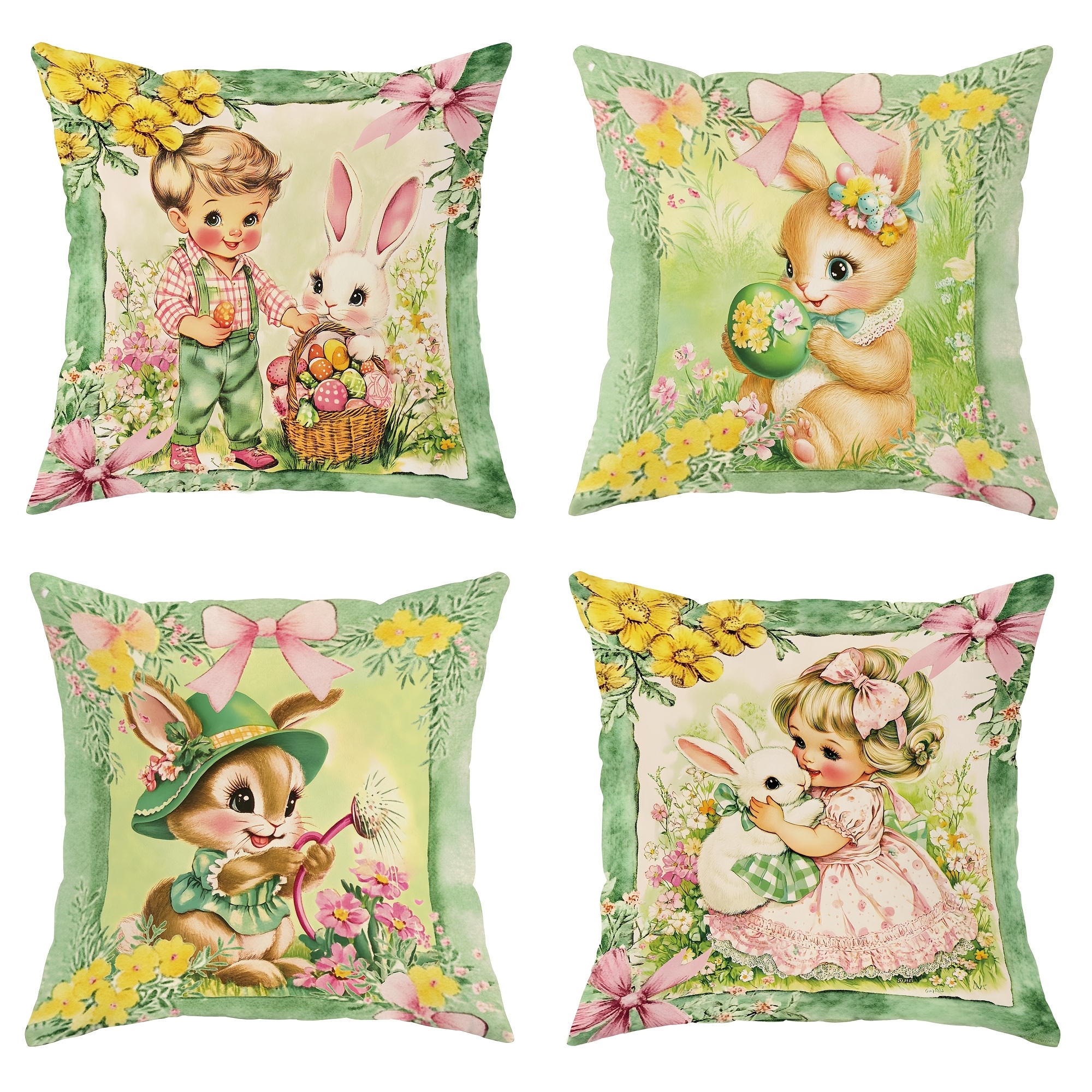 

4pcs Decoration Throw Pillow Covers Bunny Floral Bow Rabbit Cute Pink Pillowcases 1 Sided Printing Velvet 45x45cm/18x18in For Spring Living Room Bedroom Sofa Bed Decor Without Pillow Inserts