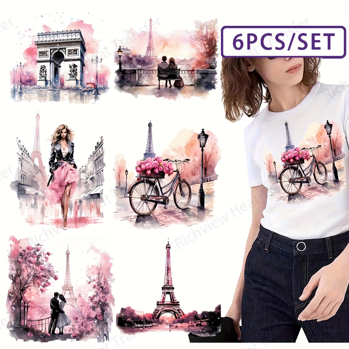 A Set Of 6 Iron-on Patches - Washable Vinyl Heat Transfer Stickers, Including Tower, , Arc De Triomphe And Floral Patterns, Suitable For T-shirts, Jackets, Bags And Decorations, Paris Theme
