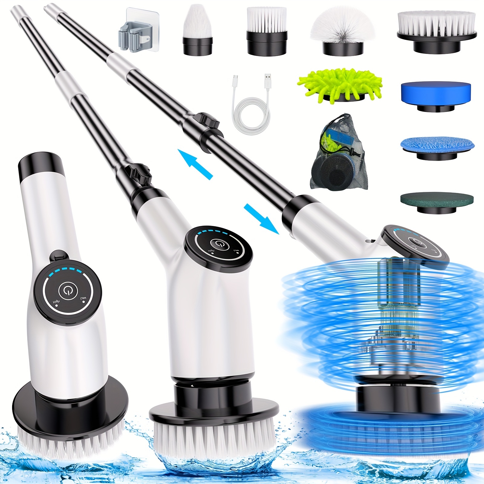 TEMU Rotary Power Scrubber, Rechargeable Cleaning Brush With 8 Interchangeable Brush Heads And Adjustable Extension Handle For Bathtubs, Tiles, Floors, Bathrooms, Kitchens, Car