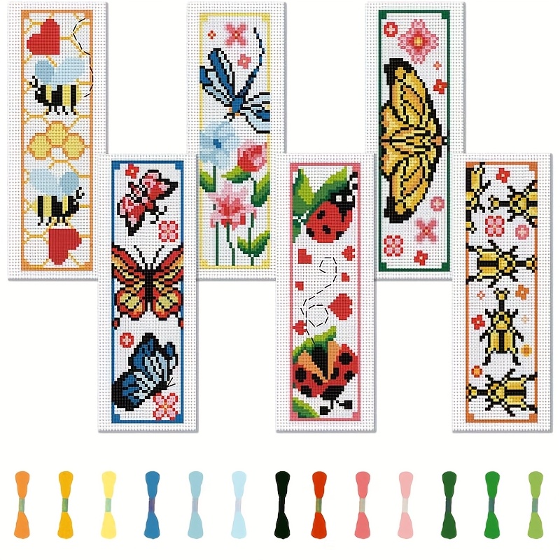 TEMU 6pcs Insect-themed Cross- Bookmark Diy Kit - Cross- Embroidery Art Set With Bee, , Dragonfly, And -spot Ladybug Patterns - Includes 6 Cross-