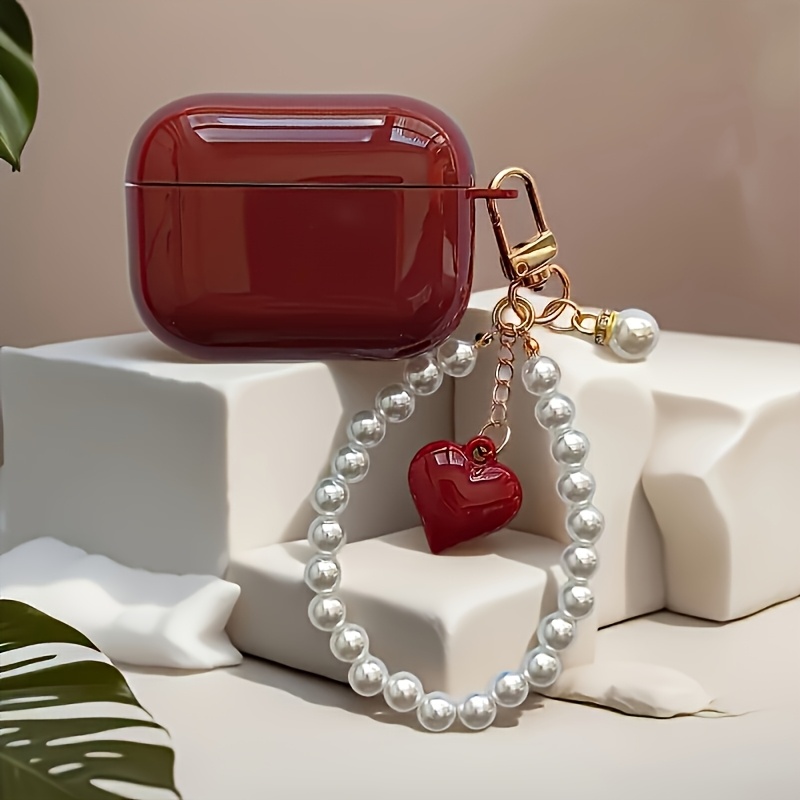 E-shop Weinroter Perlen-Herzanhänger, kompatibel mit Apple Bluetooth-Kopfhörern Pro/ Pro/ 3/ 2/ 4 Schutzhülle, ein Geschenk für Freunde