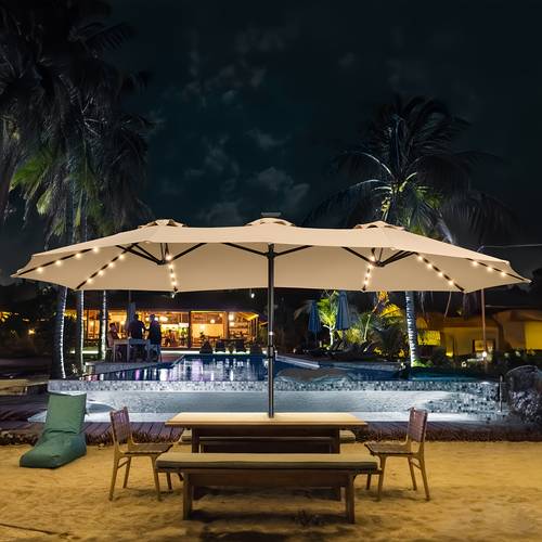 15ft outdoor double sided patio umbrella with base and 48 solar led lights lighted of lighting large patio umbrella with crank handle umbrella powerful uv protective 12 heavy duty ribs for lawn garden deck poolside