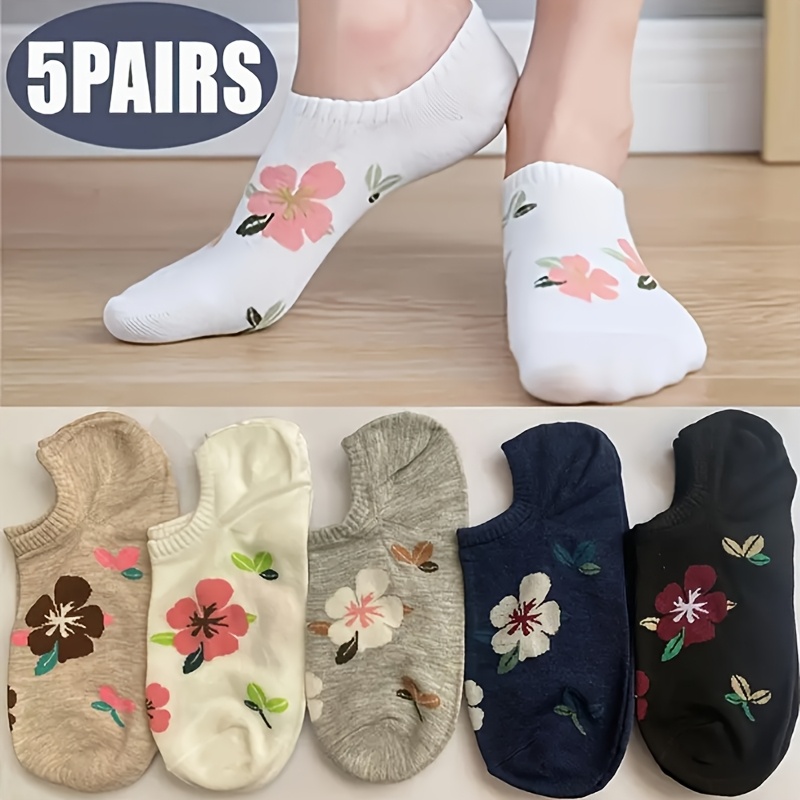 

5 Pairs Women's Floral Ankle Socks, Breathable Polyester , Hand Washable, Assorted Colors, Casual Short Tube Socks For Christmas Gift