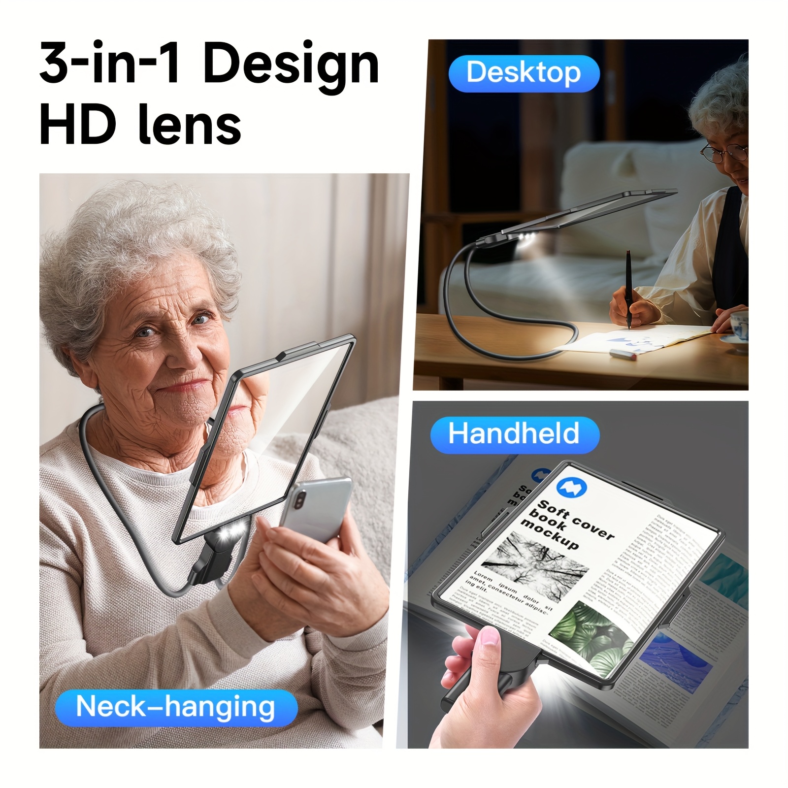 3 in 1 led reading lamp with hd magnifier and flexible gooseneck horizontal vertical viewing mode hands free tabletop neck hanging or handheld use   2 aaa batteries plastic material push button control Product details 1
