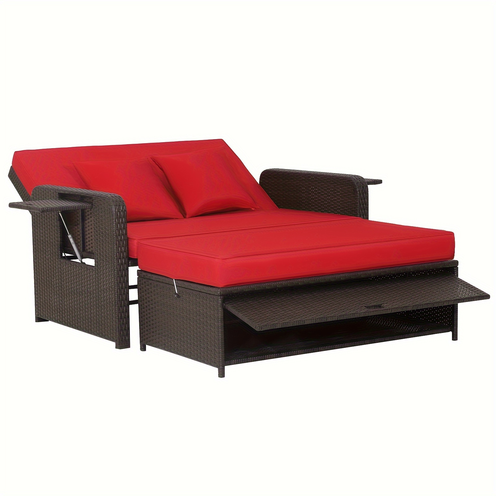 

1pc Adjustable Patio Rattan Loveseat Set, Daybed Lounge With Storage Ottoman And Side Tables, Metal Frame, Red Cushions, Outdoor Furniture