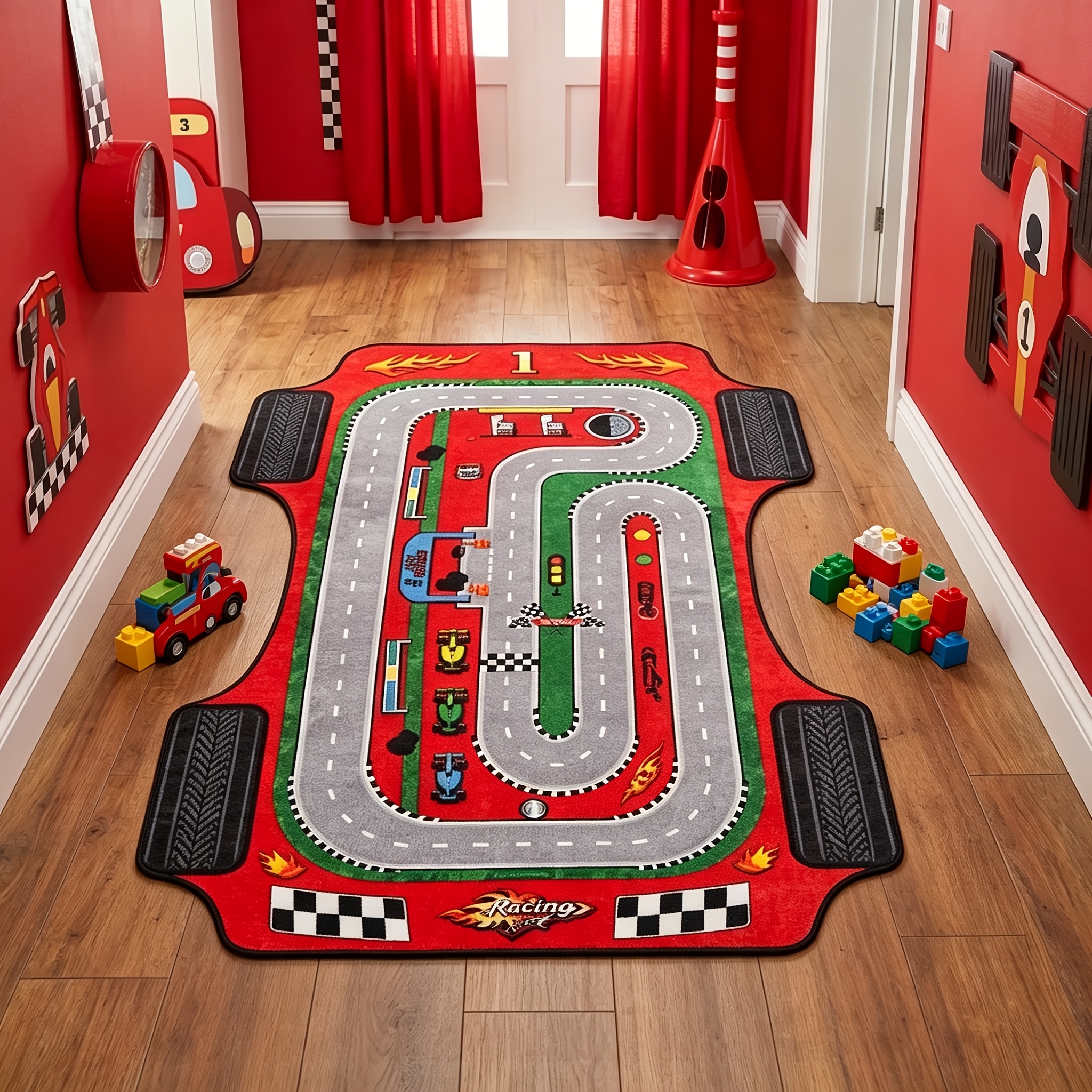 TEMU A Cartoon Racing Track-shaped Game Rug, Car-themed Bedroom Bedside Mat, Creative Instagram-style Living Room Rug, Gaming Room/gaming Corner Mat,