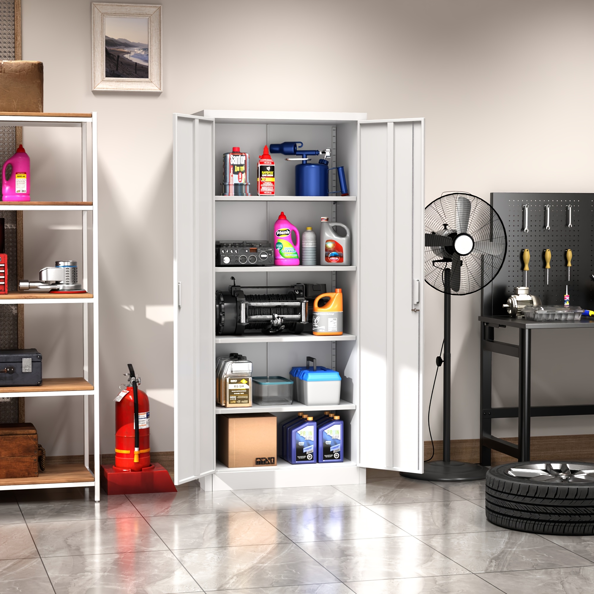 Aobabo Metal Garage Cabinet, Tool Cabinet With 4 Adjustable Shelves, Black Lockable Tool Cabinet, Suitable For Garage, Office, Workshop