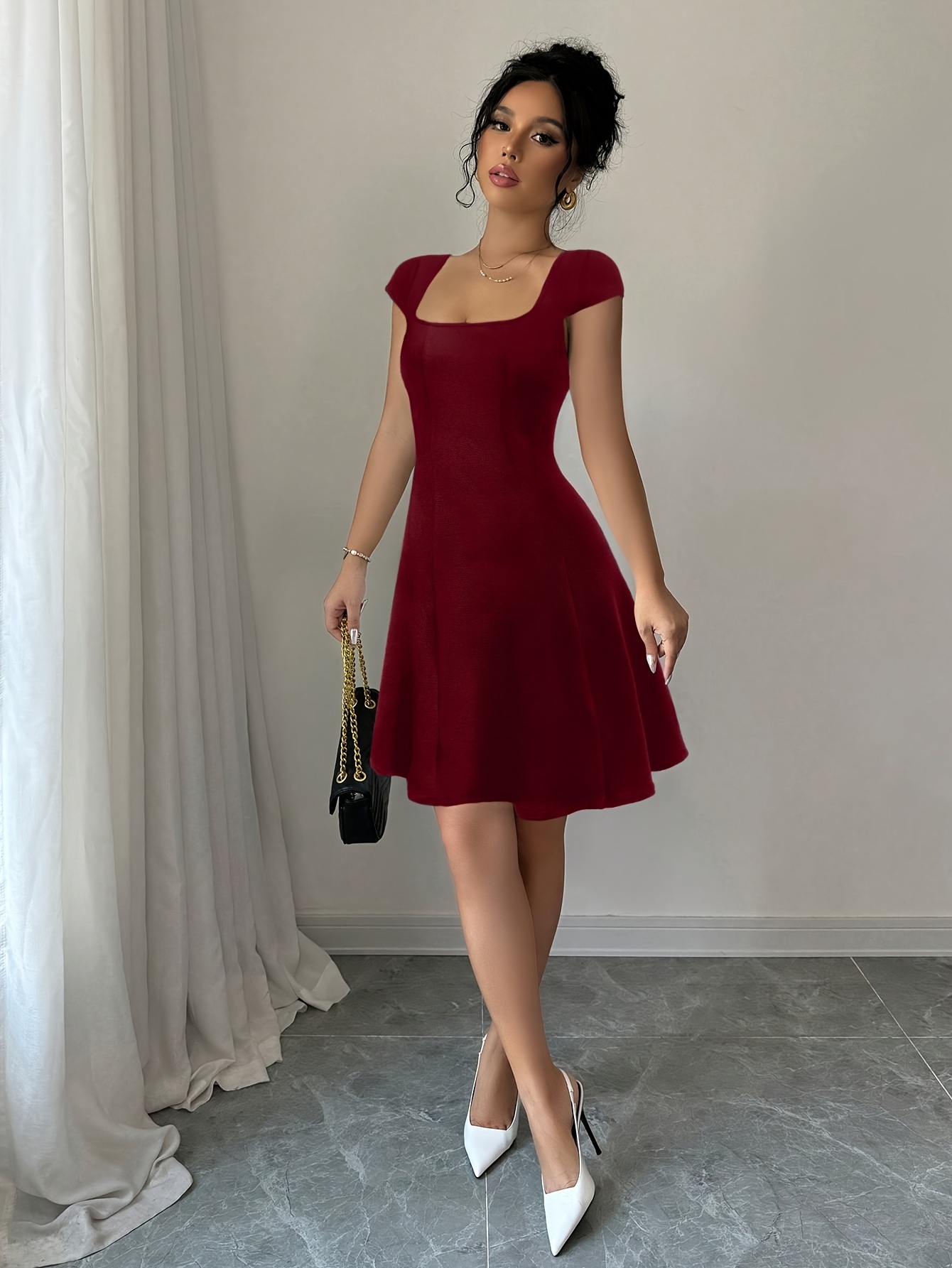 womens elegant a line dress square neck short sleeve vibrant