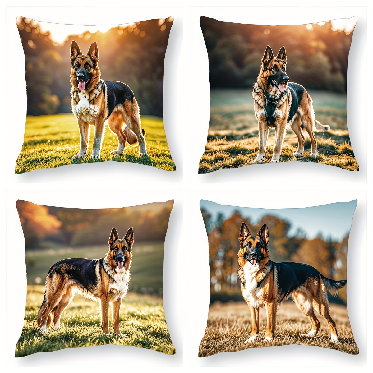 

4-piece Set Soft Plush Pillowcases With German Shepherd Design - Single-sided Print, Perfect For Sofa & Home Decor, Machine Washable, Zip Closure, 17.7x17.7 Inches (no Insert)