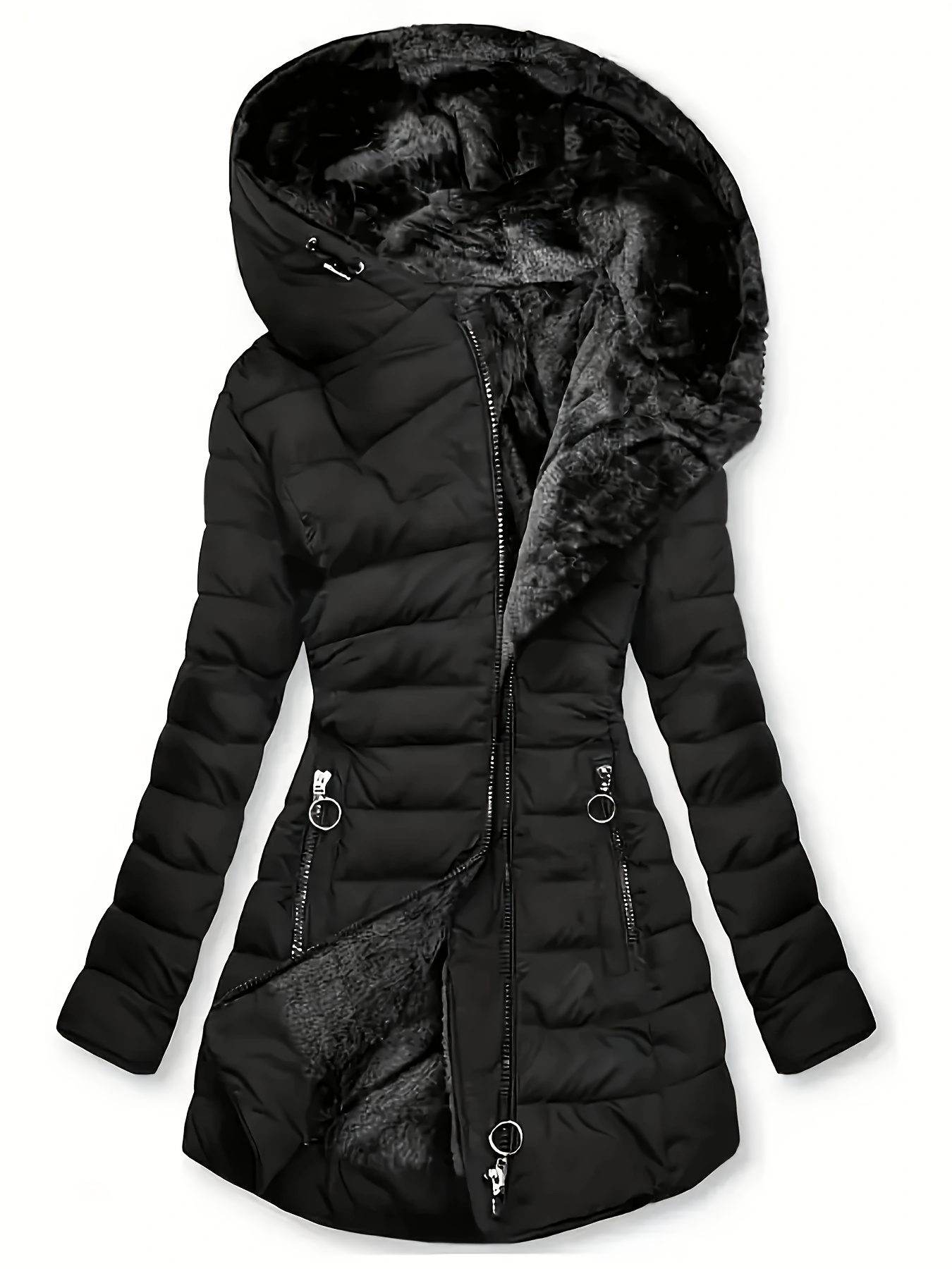 Dames Lange Fleece Gevoerde Jas - Dikke Winterjas met Zakken, Elegante Effen Kleur, Regular Fit voor Koud Weer