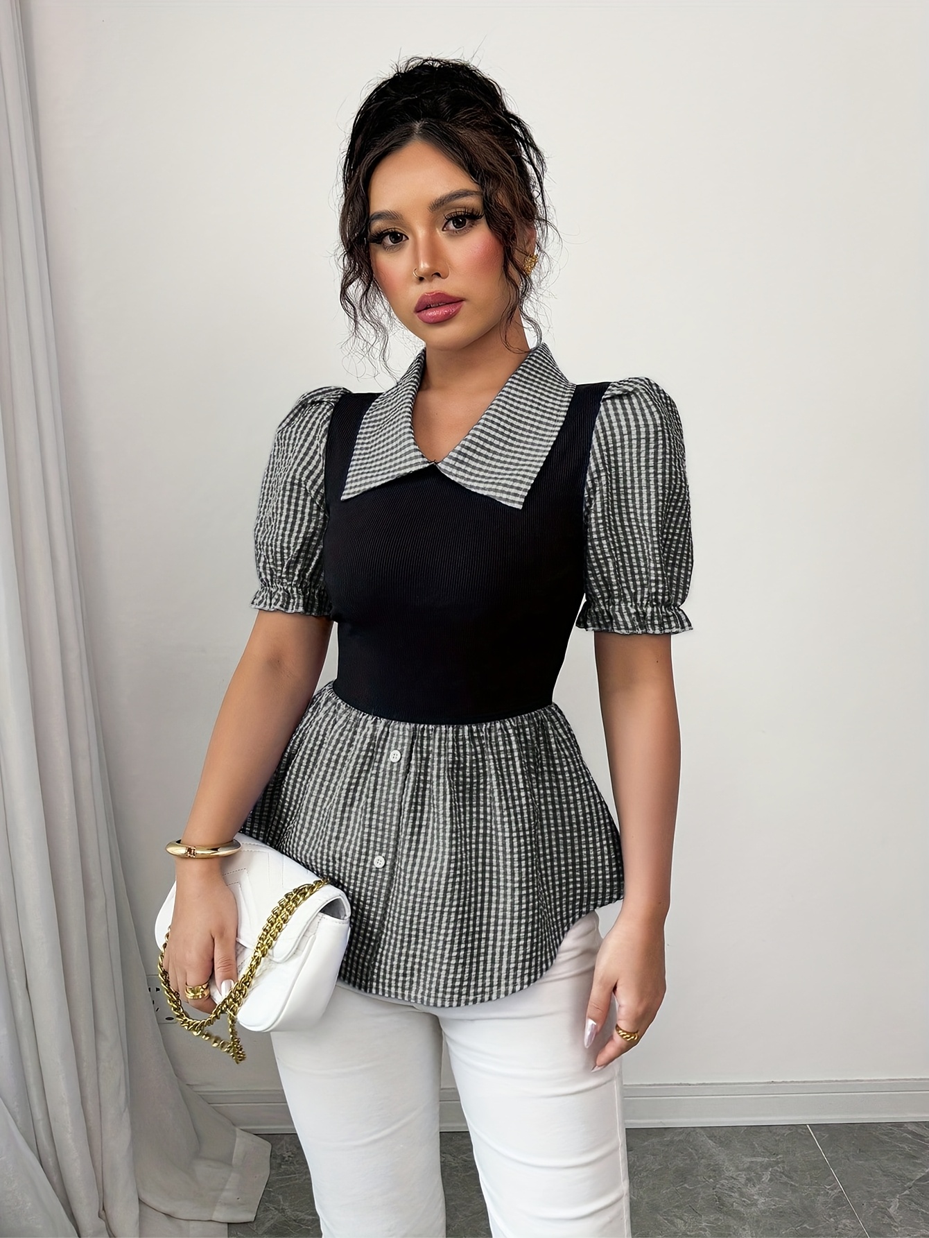 camisa casual cuadros mujer abullonadas estampado Temu Uruguay