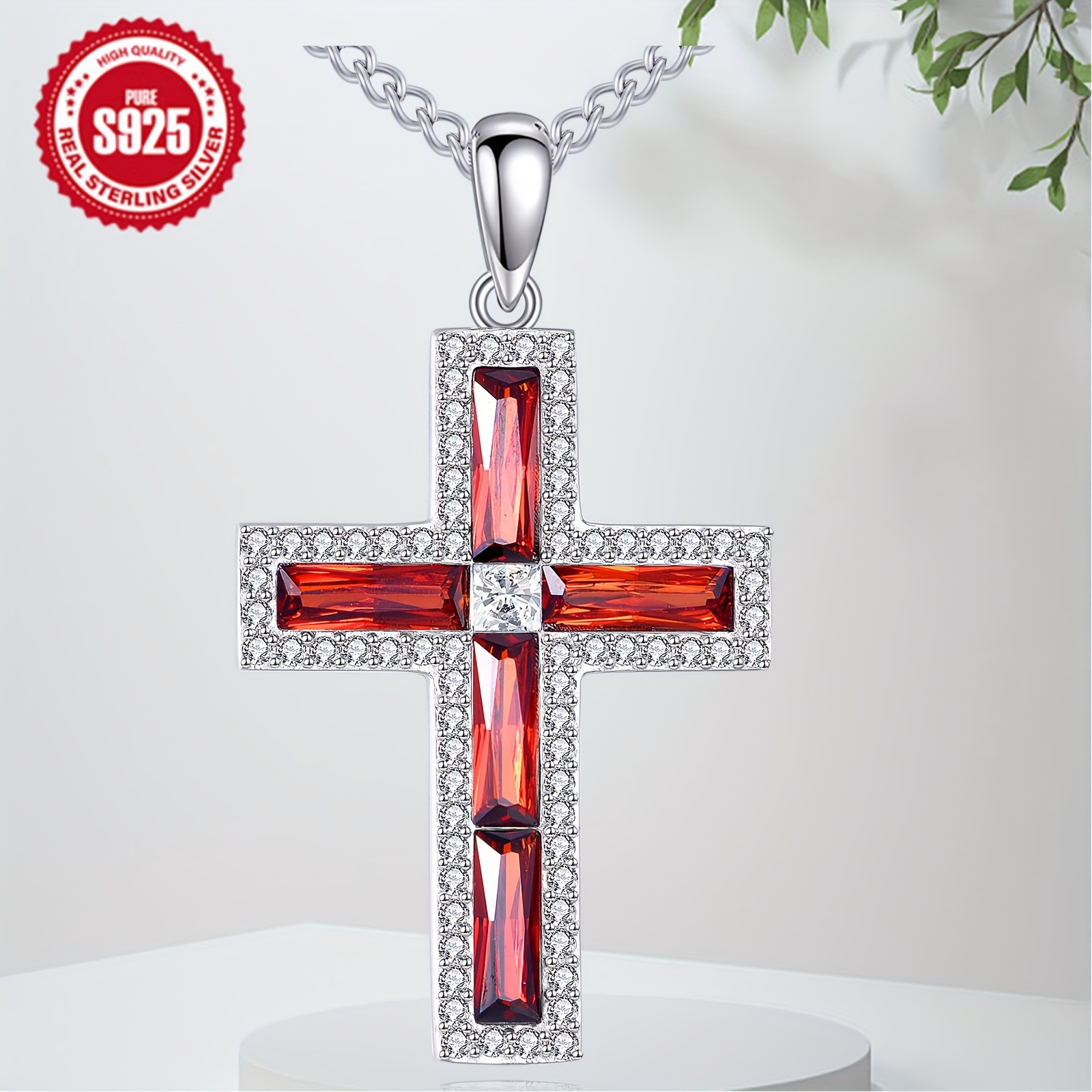 Necklace Sterling Silvery Cubic Synthetic Zirconia Pendant Jewellery Gifts For Women Men (red)