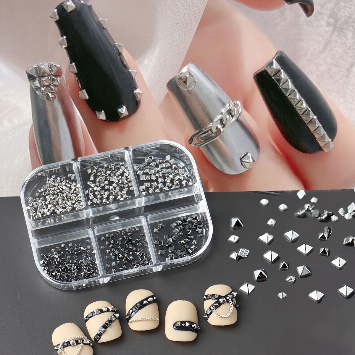 TEMU 6 Grids Y2k Punk Alloy Nail Charms Decoration Golden Silvery Gothic Style Mini Metal Studs 3d Punk Rock Style Alloy Rivets Goth Jewelry Nail