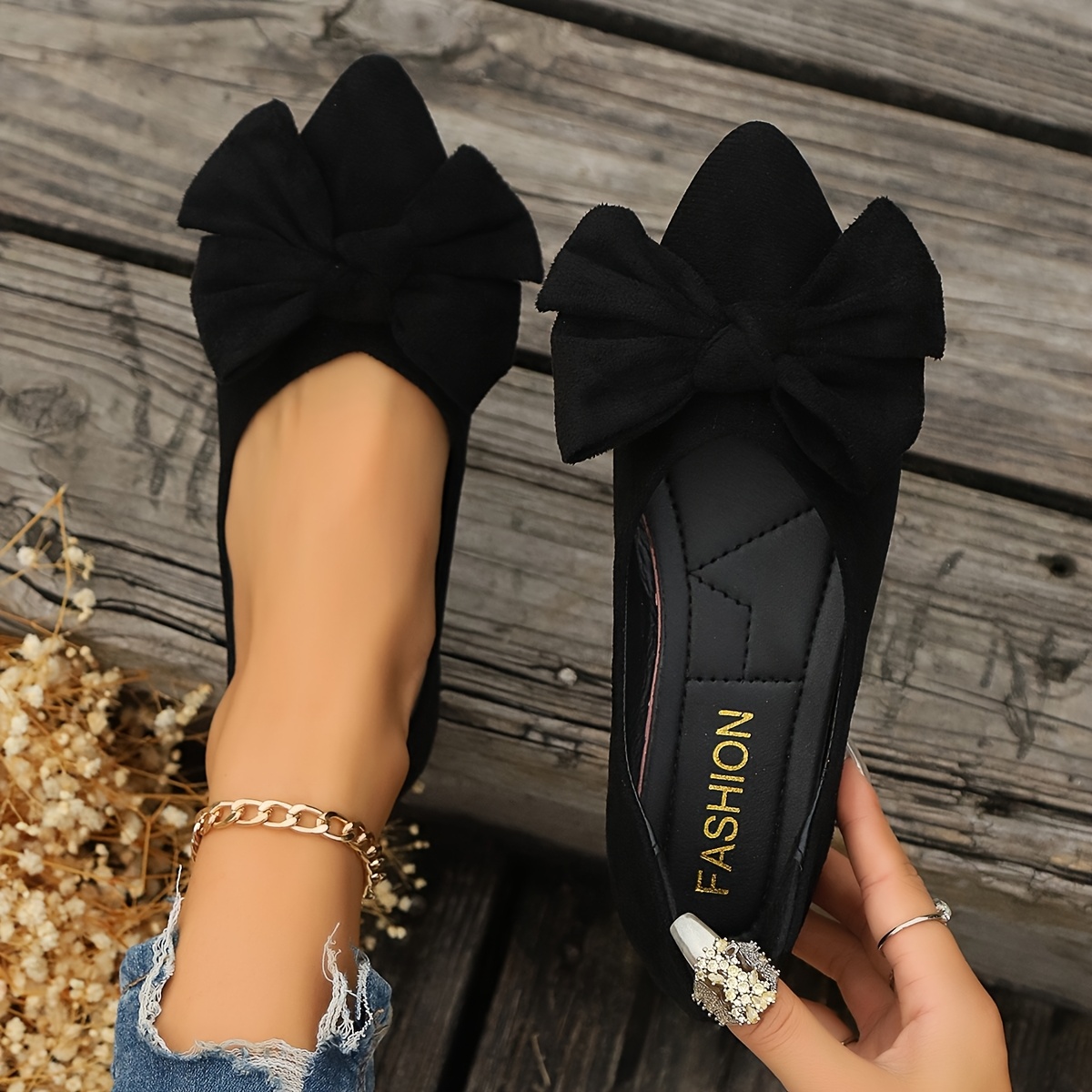 womens elegant black pointed toe slip shoes bow detail Temu Oman