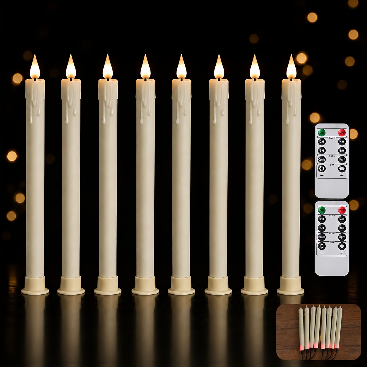 TEMU 8 Pack Rechargeable Flameless Taper Candles With Remote Timer & Plug-in Battery - Led Suitable For Wedding, Christmas, Halloween Indoor Decor,