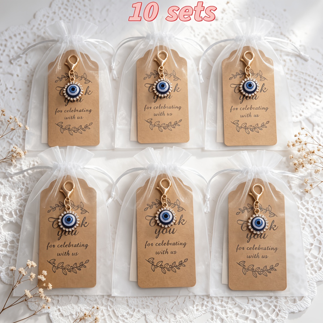 TEMU 10 Sets Of Blue Evil Eye Rhinestone Keychains Key Fobs - Set Includes 10pcs Keychains And 10pcs Organza Bags And 10pcs Cards - Gift, Protection