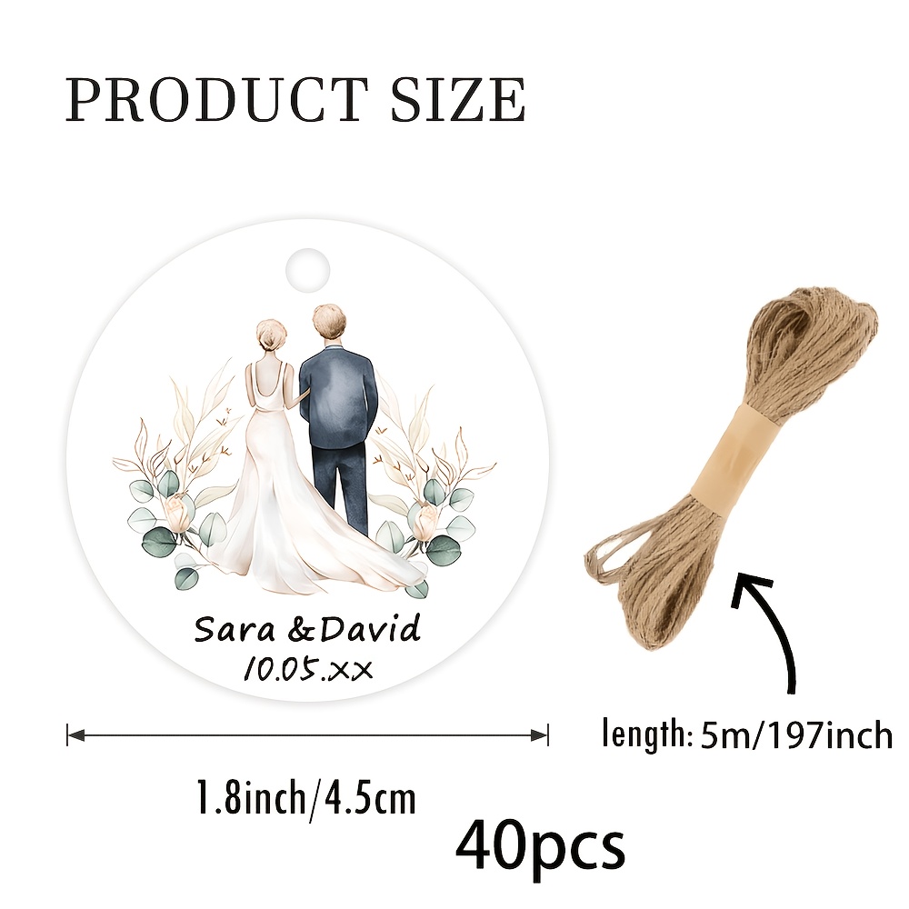 TEMU Etiquetas de regalo redondas personalizadas con temática de boda, 40 unidades, con hilo de , texto personalizable, diseño y novias en acuarela,
