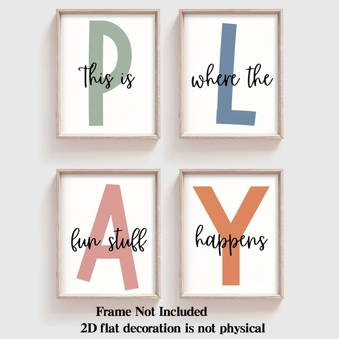 Image of 2d Flat, 2d Flat Wall Decoration Poster No Frame 4pcs Where Set Of Playroom Prints, Playroom Wall Decor, Nursery Wall Art, Play Sign, Kids Room Decor, Play Sign, 8 X 10in No Frame