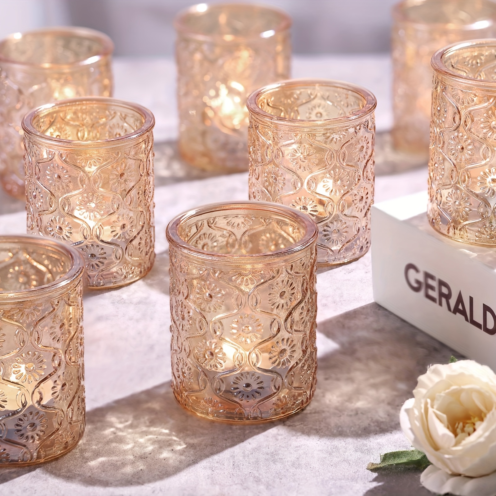 TEMU 4pcs Blue Votive Candle Holders For Table Centerpiece, Vintage Flower Glass Tealight Candle Holders Bulk For Wedding Decorations, Bridal Shower,