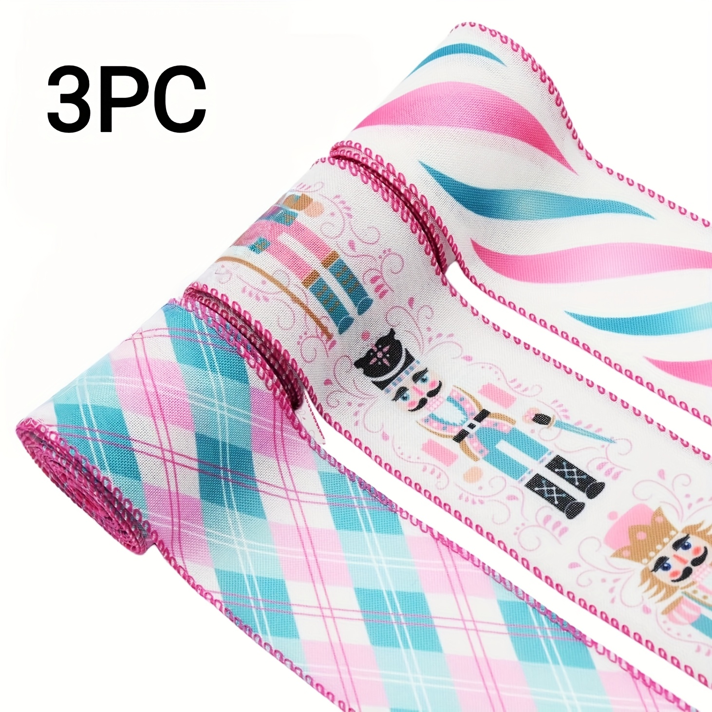 TEMU 3 Rolls, Pastel Christmas Nutcracker Wired Edge Ribbon, 2.5 Inches Wide, For Making Wreath Bow, Pale Pink And Blue Plaid Edge Ribbon, Suitable