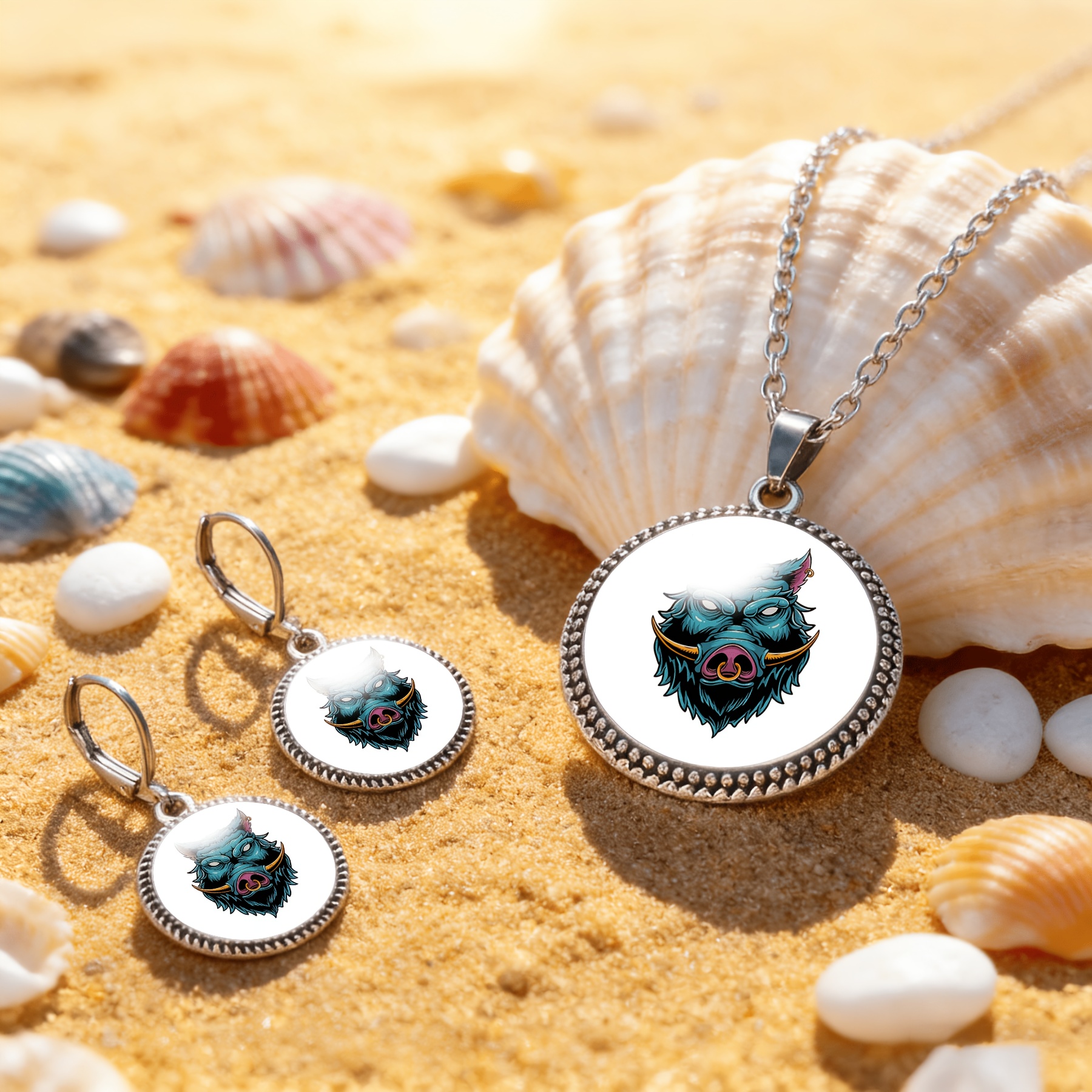 3pc Classic Round Glass Necklace & Earrings Set, Majestic Design