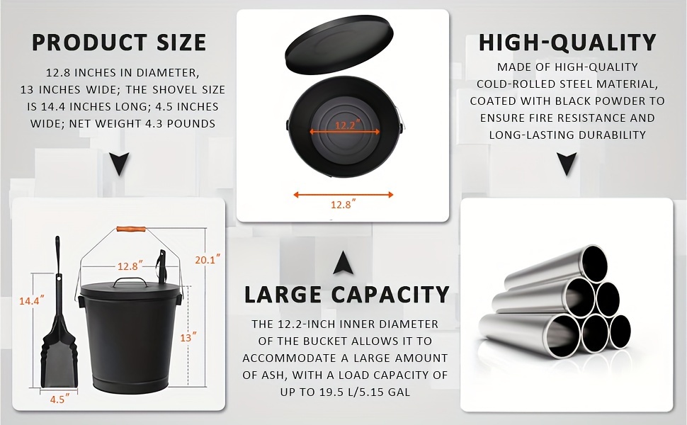 пепельница с крышкой и лопаткой 5 15 галлонов гальванизированная большая металлическая пепельница для камина, огненной ямы и дровяной печи черного цвета, ёмкостью 19,5 литров детали 1