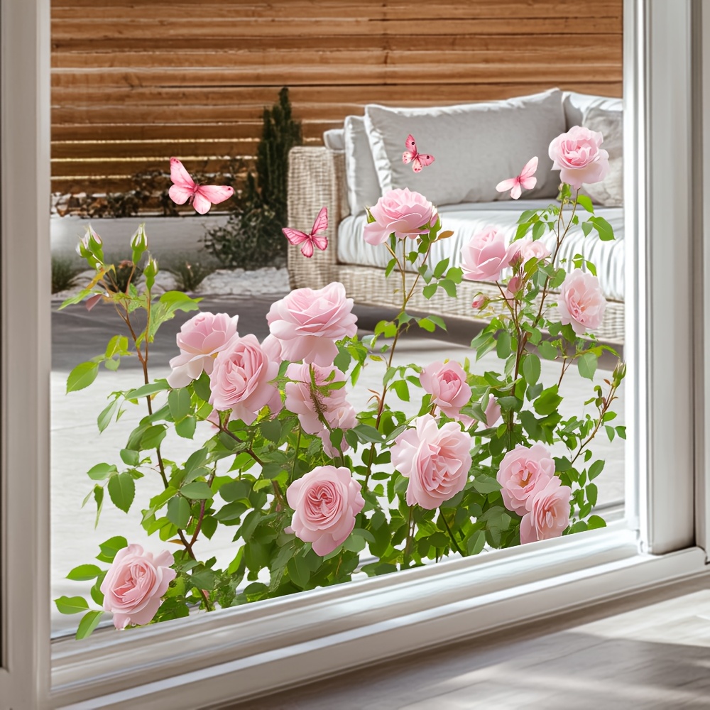 Image of 1pc Pink Rose Window Sticker Removable Pvc Flower Vine Glass Sticker Double-sided Floral Window Decal Special For Home Windows