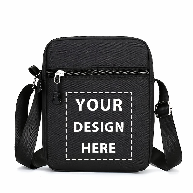 TEMU Customized Logo Black Mini Oxford Crossbody Bag With Adjustable Shoulder Strap - Stylish Animal Print And Personalized Text Design, Lightweight