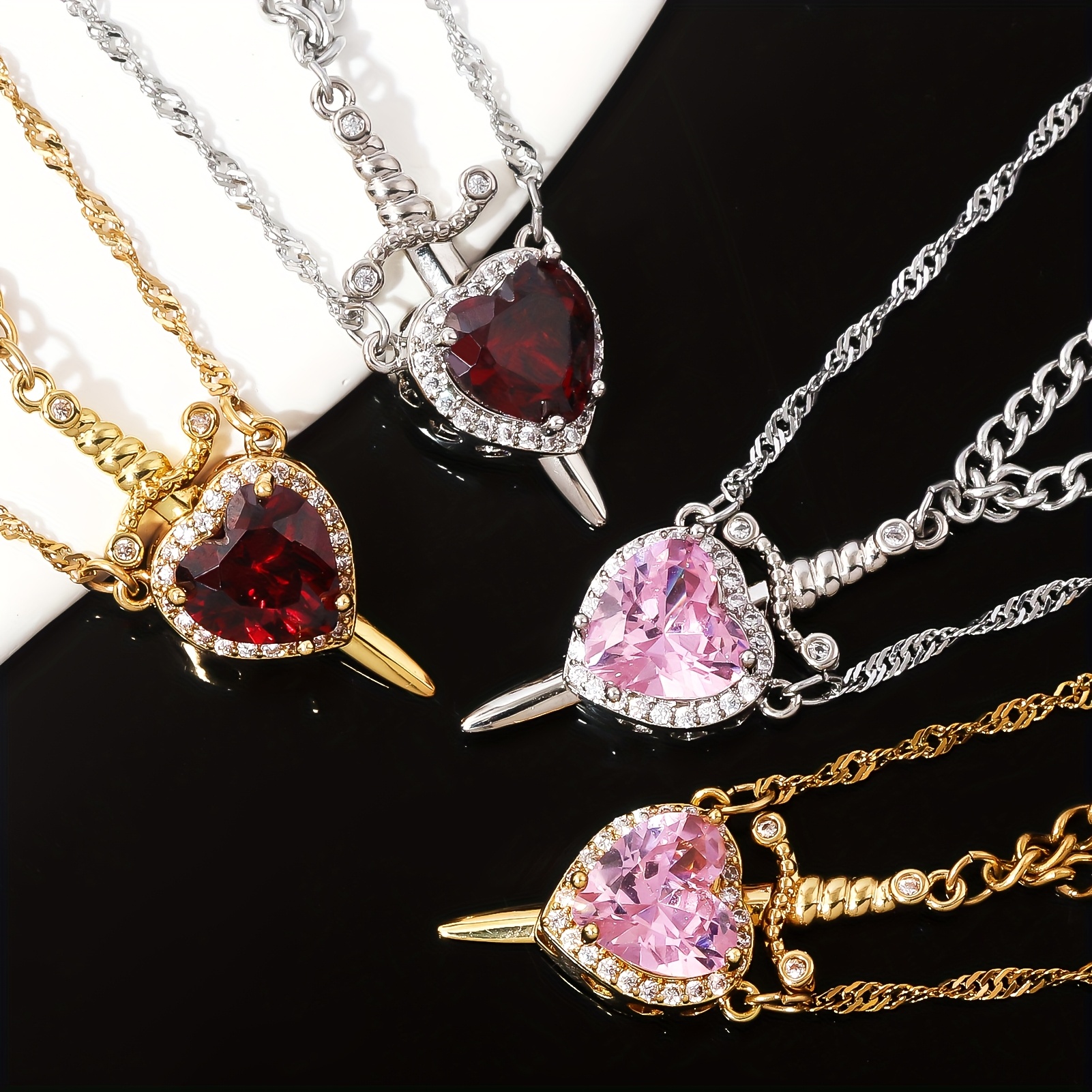 1pc Fashion Arrow Heart Piercing Couple Necklace Red Love Dagger Layered Necklace Sweater Chain
