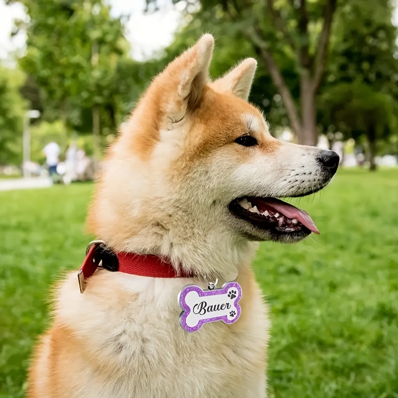1pc Personalized Glitter Dog Tag - Custom Engraved Bone ID Tag with Name and Text, Pink Sparkle Surface, Paw Print Design, Perfect for Dog Collars & Leashes
