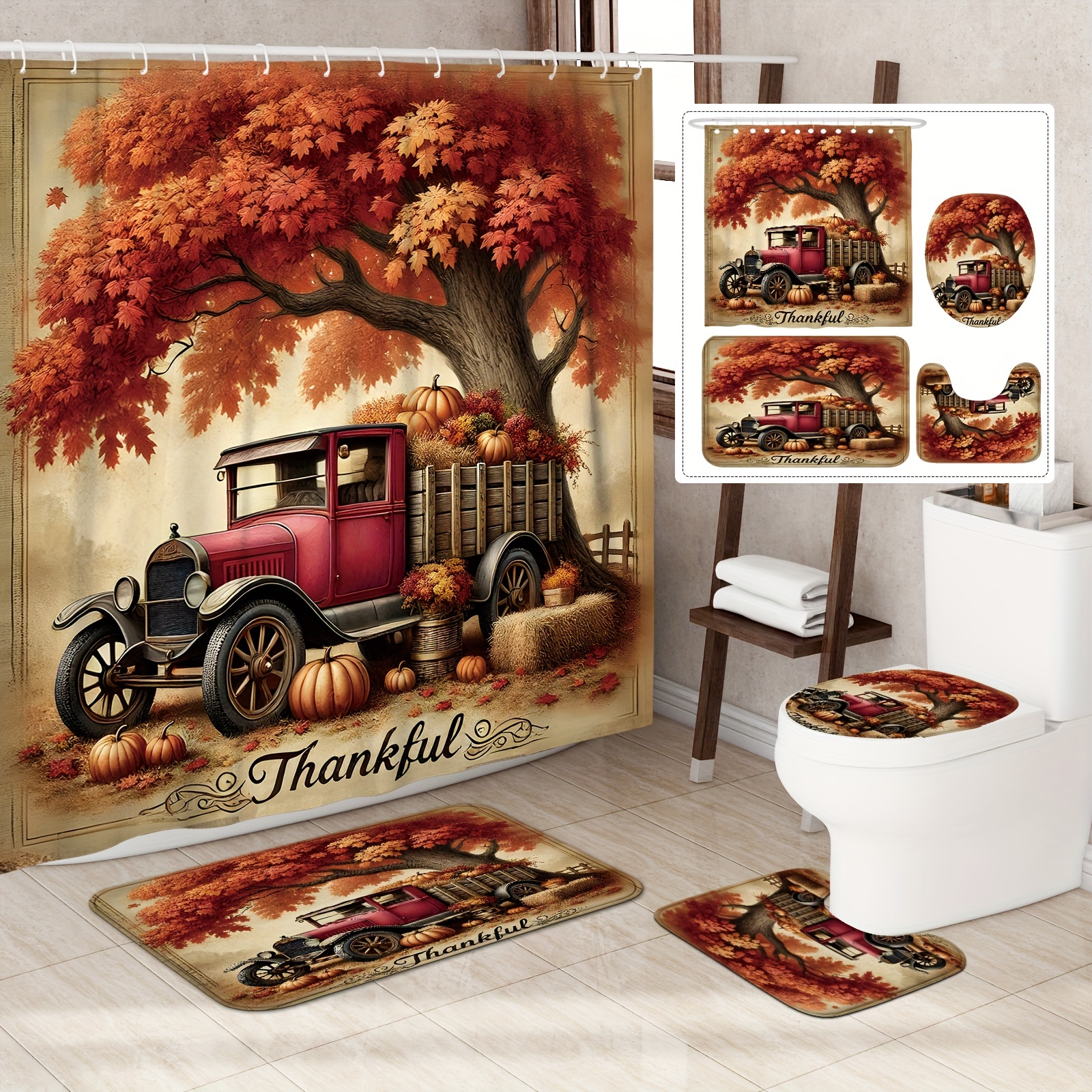 

Festive Thanksgiving Fall Shower Curtain Set With Vintage Truck, Pumpkins, And - Includes 12 Hooks, Non-slip Bath Mat, U-shaped Toilet Lid Cover, And Washable Polyester Material