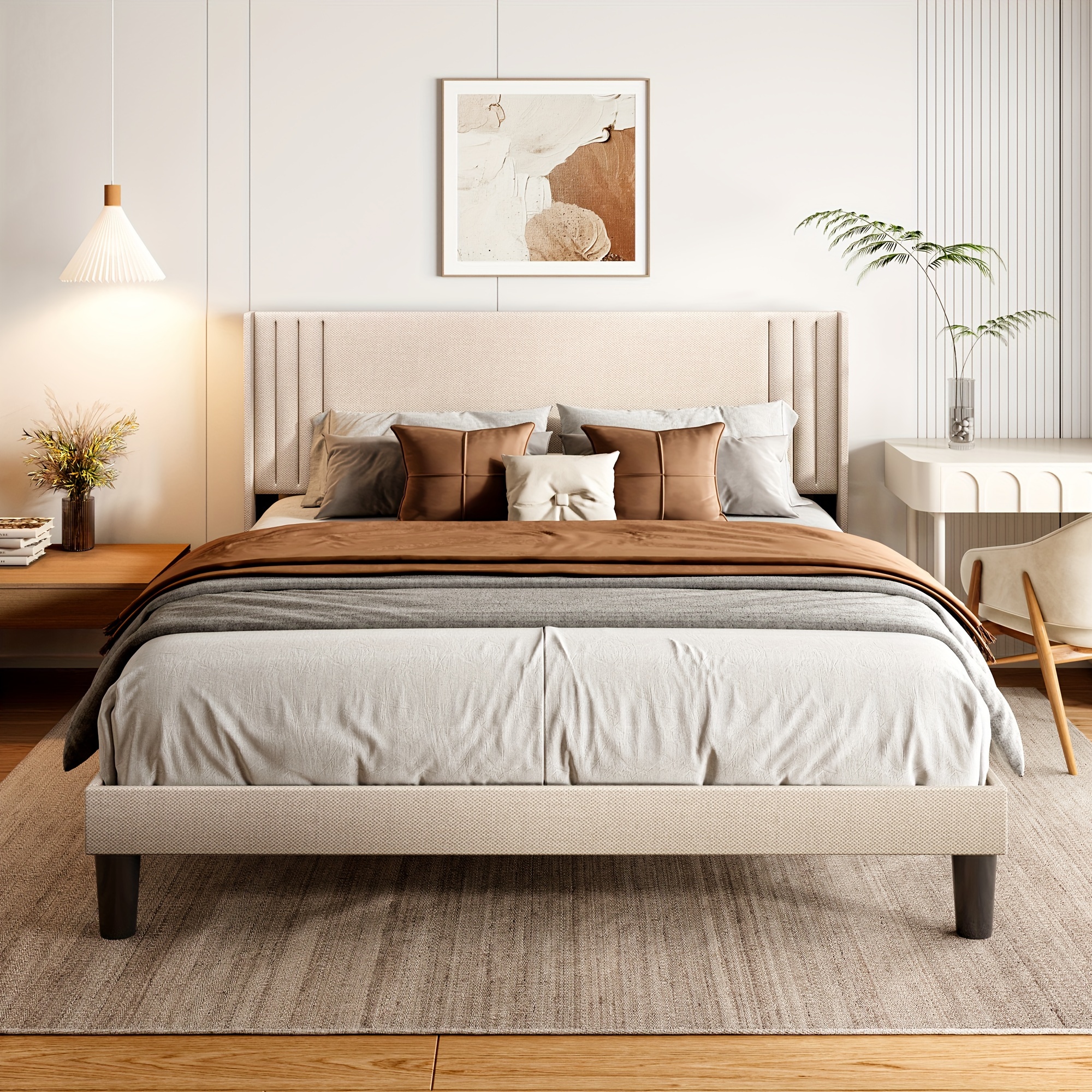 

Queen Bed Frame With Wingback Headboard, Upholstered Platform Bed With Modern Geometric Headboard, Wooden Slats, Noise-free, Spring Needed