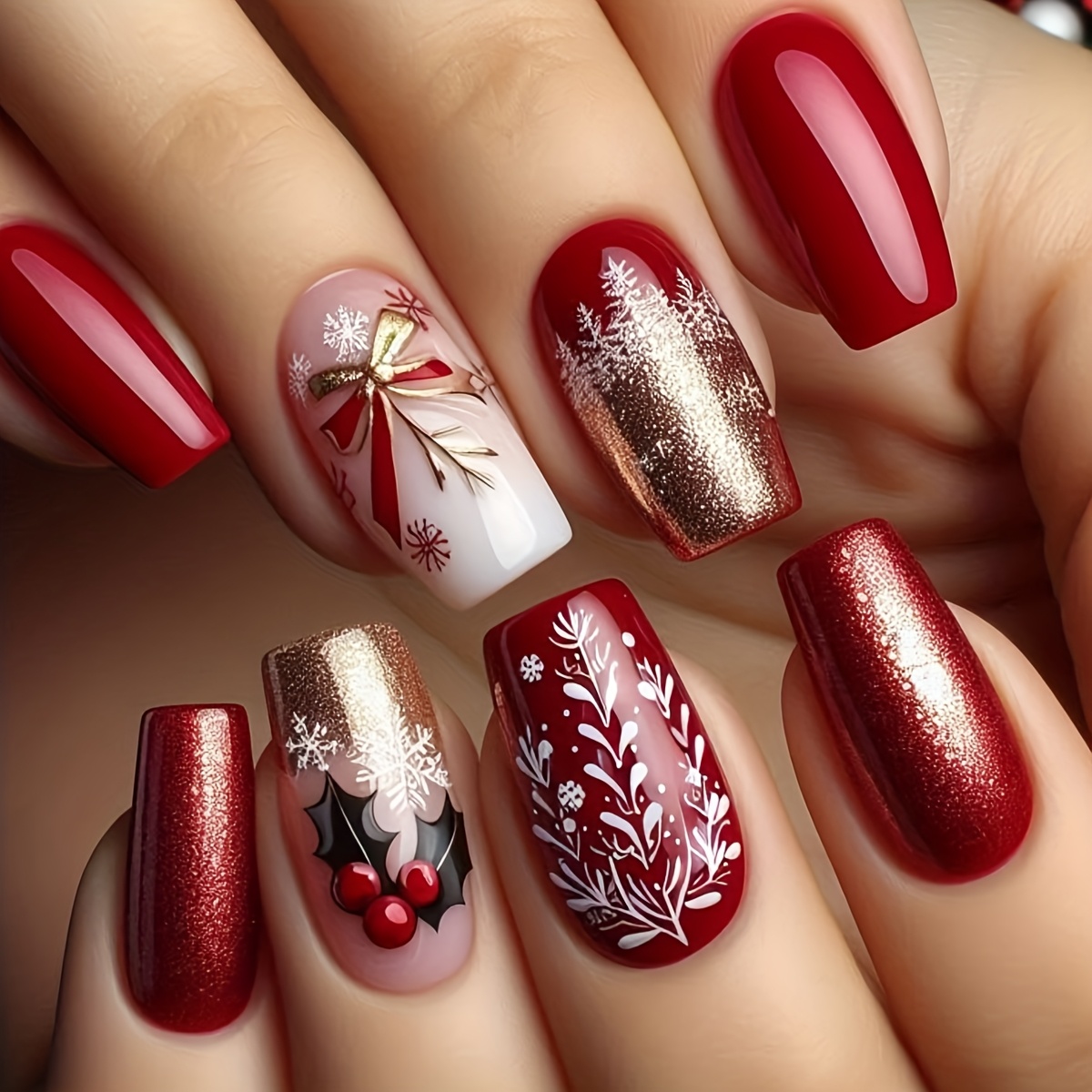 24pcs Of Christmas Red Snowflake Cane Bow Glitter Decoration Detachable False Nail Patches