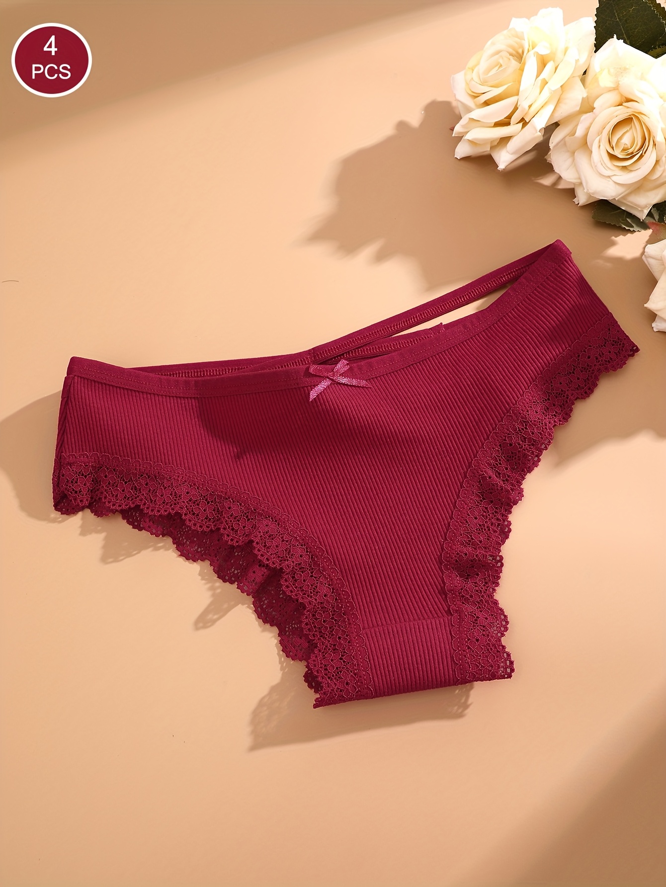 4pcs Women'S Lingerie Briefs with Lace Trim - Sexy Ribbed Design, Solid Colors (White, Pink, Gray, Black), Soft & Comfortable Underwear for Casual Attire, Lingerie Sets, Comfortable Underwear, Elegant Underwear, Soft Fabric Underwear