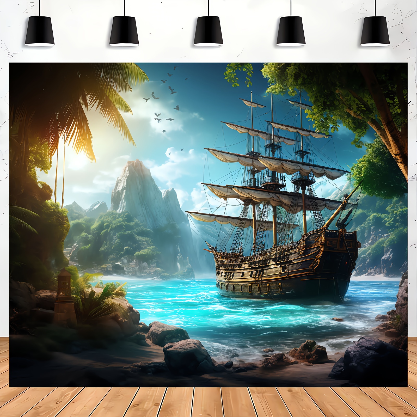Island Pirate Ship Backdrop Ocean Seascape Palm Trees - Temu