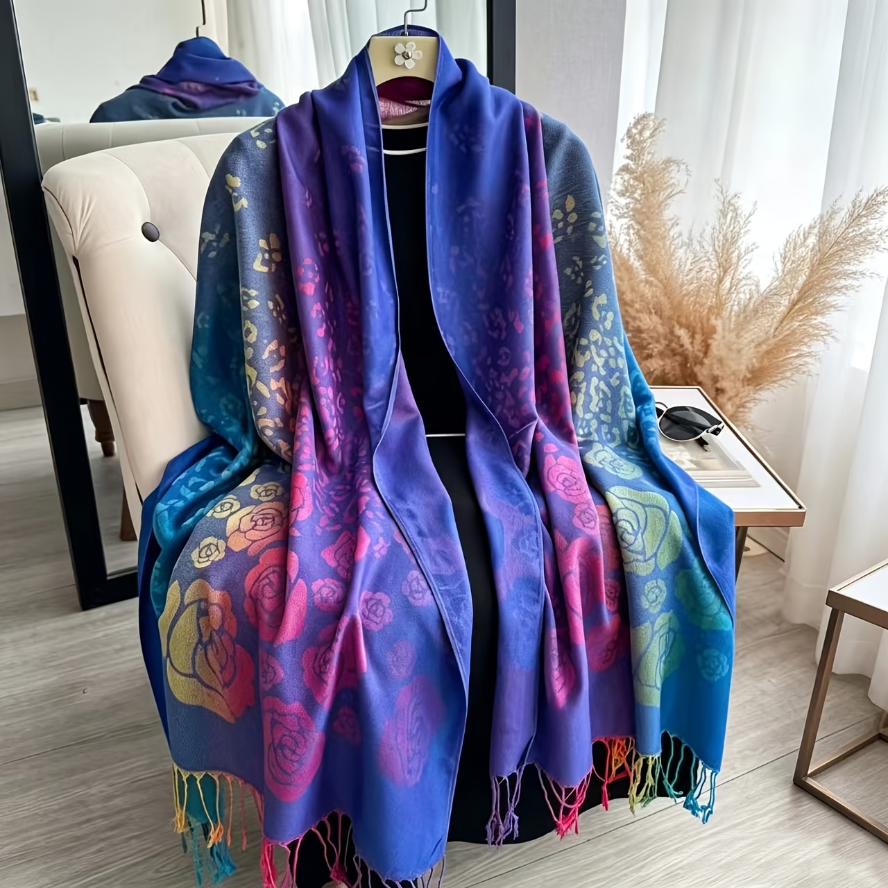 TEMU Large Elegant Fringe Shawl Scarf - Large Suitable For Air-conditioned Rooms & Beach, Colorful Botanical & Animal Print Wrap, Soft Breathable