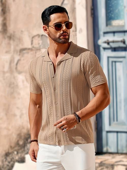 mens vintage inspired light blue knit shirt casual button short sleeve with pointed collar breathable viscose blend for summer beach casual attire casual summer wear summer fashion medium