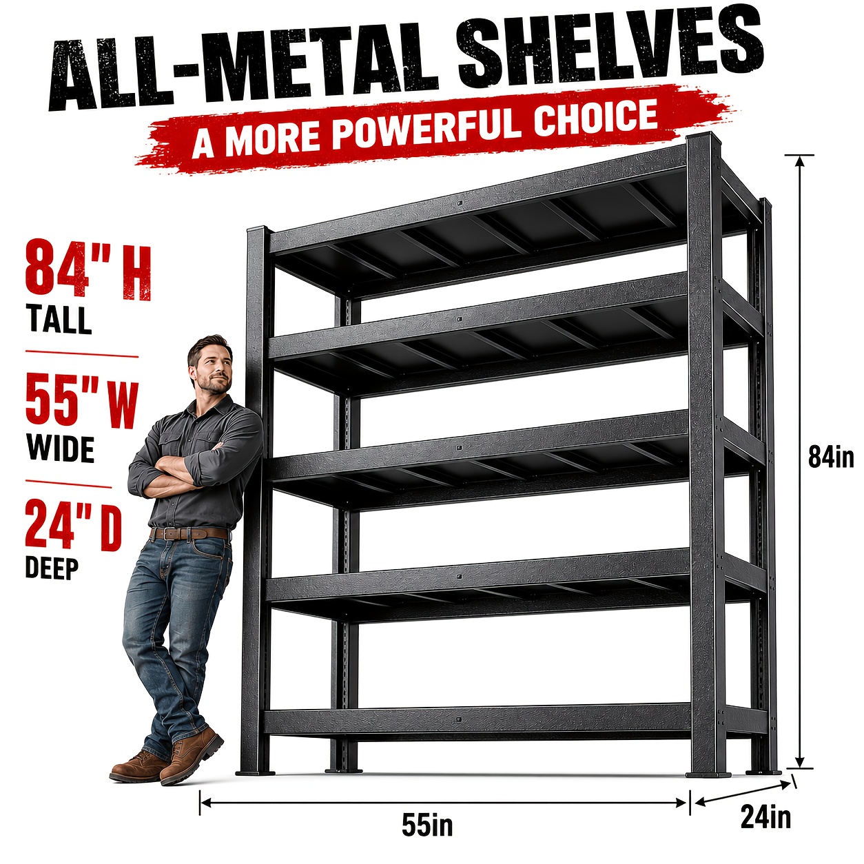TEMU 5-tier Heavy Duty Shelving Unit, 84in H X 55in W X 24in D Tall Wide Storage Shelf Rack, 3025lbs Total Capacity Adjustable Shelves, Shelving For
