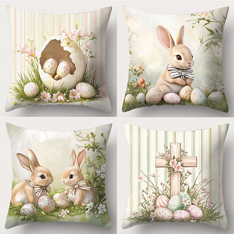 

Easter Celebration 4pcs Pillowcase Set - Vibrant Bunny, Egg & Floral Designs, Zip Closure, Machine Washable, Polyester - Living Room & Office Decor, 17.72" Square