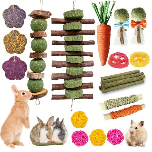 21pcs natural lollipops grass cake hay sticks and carrots loofah and balls for guinea pig hamster teeth care
