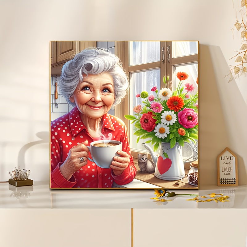 TEMU 1pc Diamond Painting Kit - Grandma Drinking Coffee With Cat & Flowers, 5d Round With Numbered Mosaic, Diy Craft For Adults & Seniors, Cozy