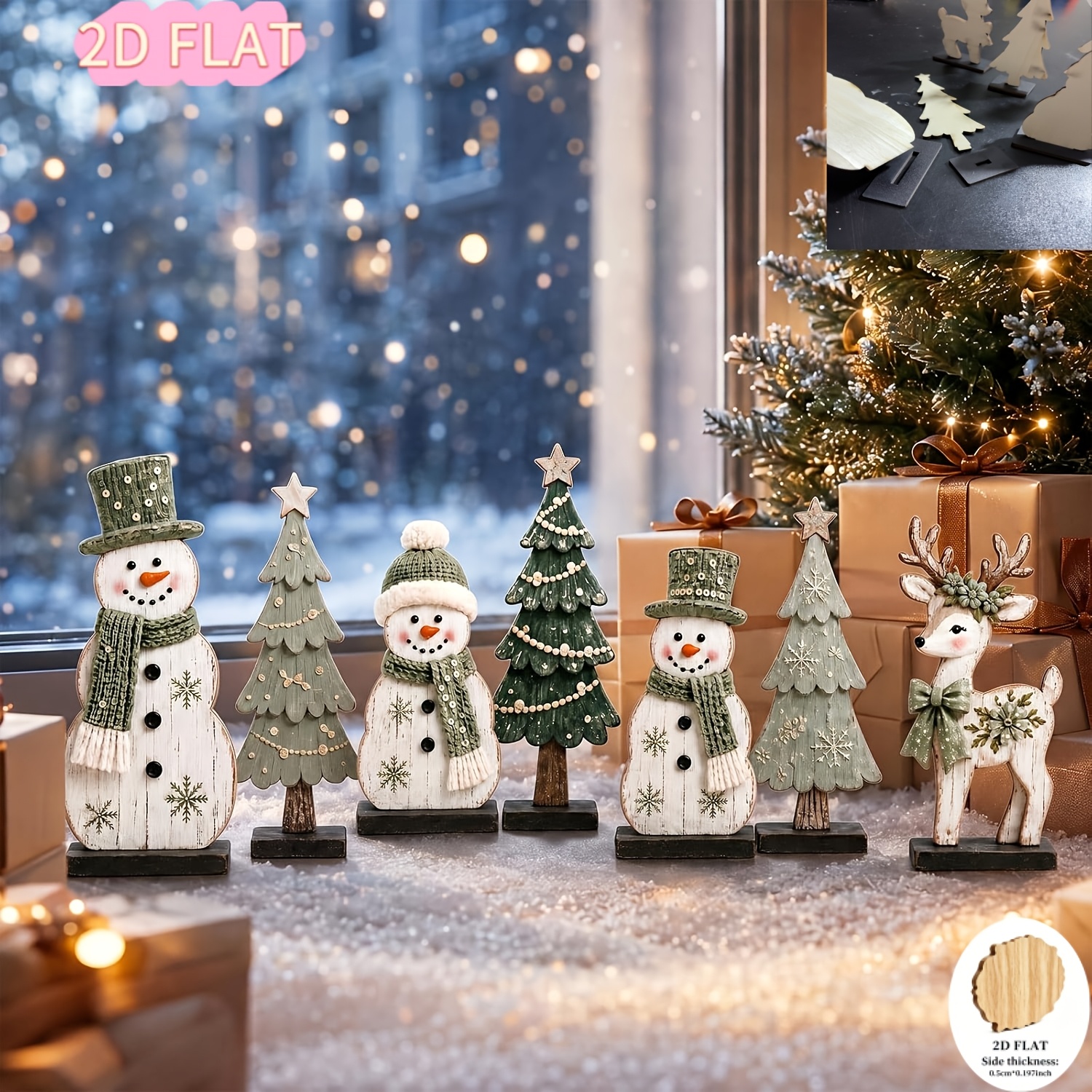 TEMU 2d Flat, 2d Flat 7pcs Wooden Christmas Set, Vintage Distressed Snowman, Christmas Tree, And Reindeer Rustic Style Holiday Desktop Wooden
