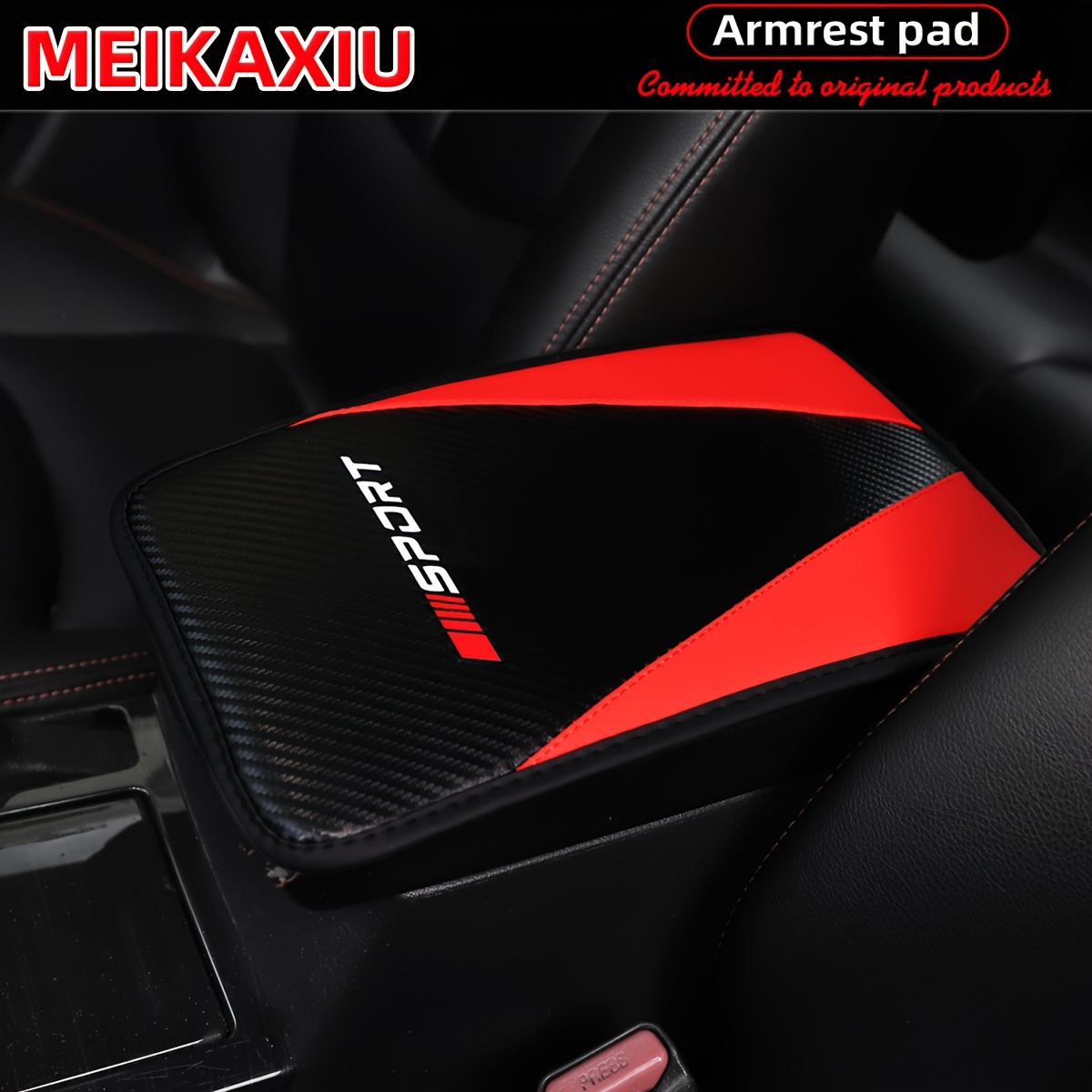 TEMU Red Letter SPORT Nouveau Coussin de Poignée de Porte de Voiture en Similicuir Fibre de Carbone PU, Tapis de Console Antidérapant, Accessoires de