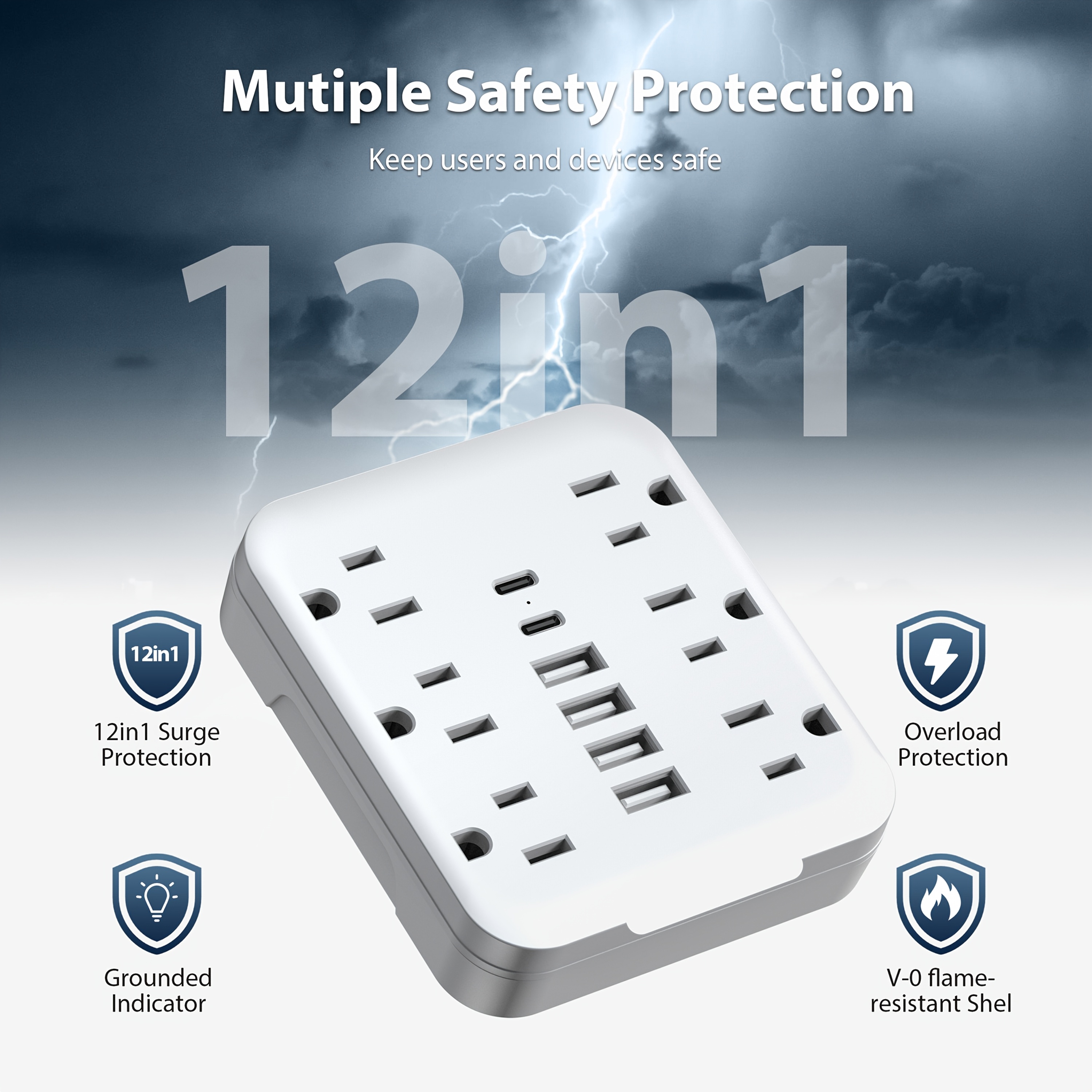 TEMU Multiprise 12-en-1 Mini avec 6 prises CA, 4 USB et 2 Type-C. Robuste, durable et portable. Multiprise murale, bloc d'alimentation. indispensable
