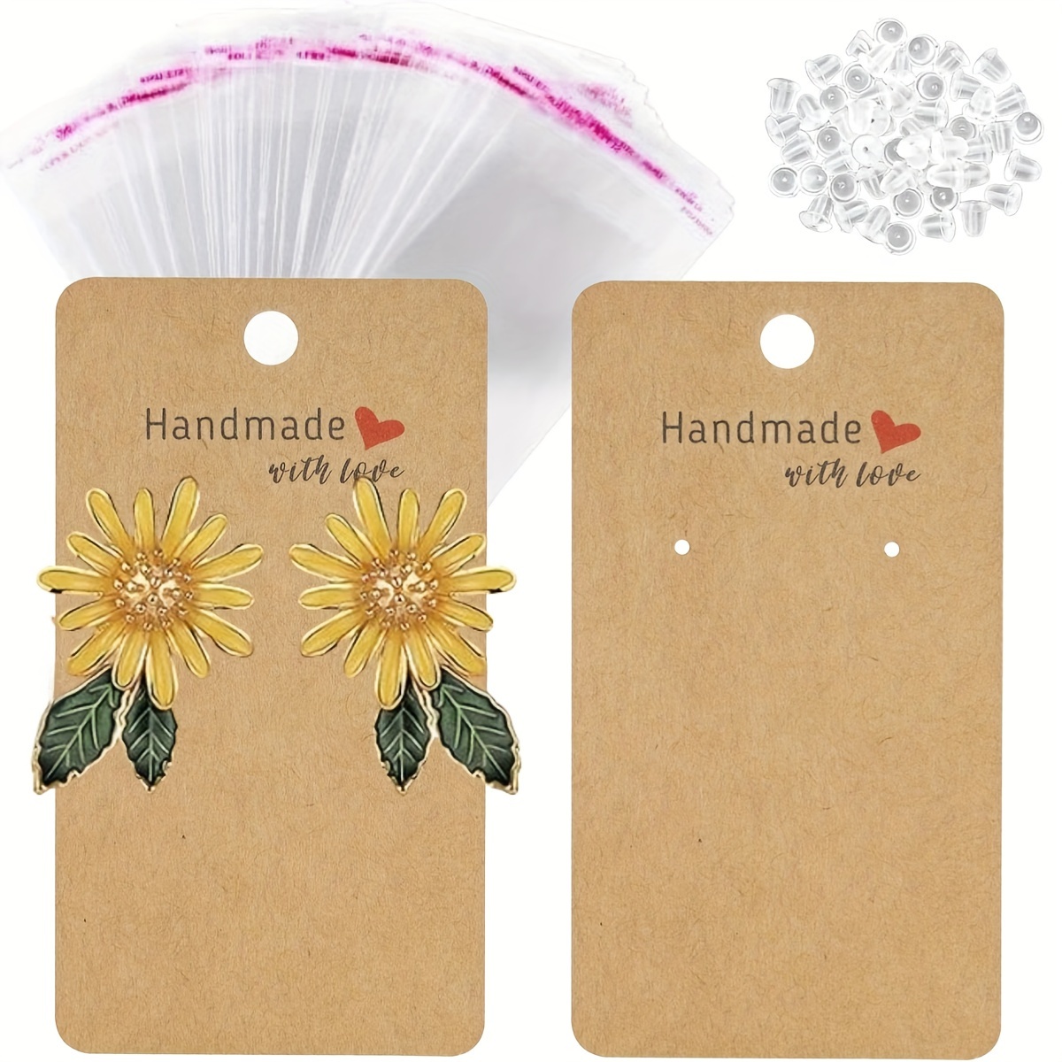 

200 Pieces Earring Display Card Kit, Including 50pcs Handmade With Love Earring Card Earring Bracket Cards, 50pcs Self Sealing Bags And 100pcs Rubber Earring Back, Jewelry, +50+100