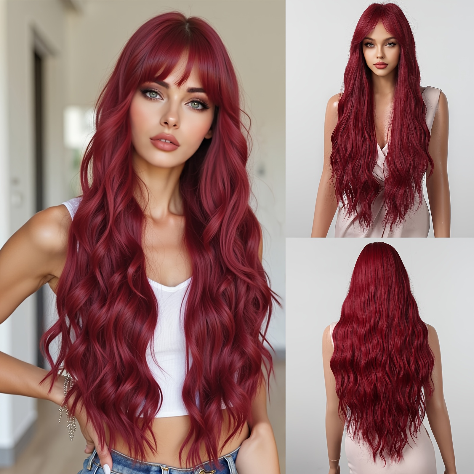 

1pc Women's 30" Long Curly Wig - Fiber, 150% Density, Cap, Red With Center Part And Side Bangs For Cosplay And Parties