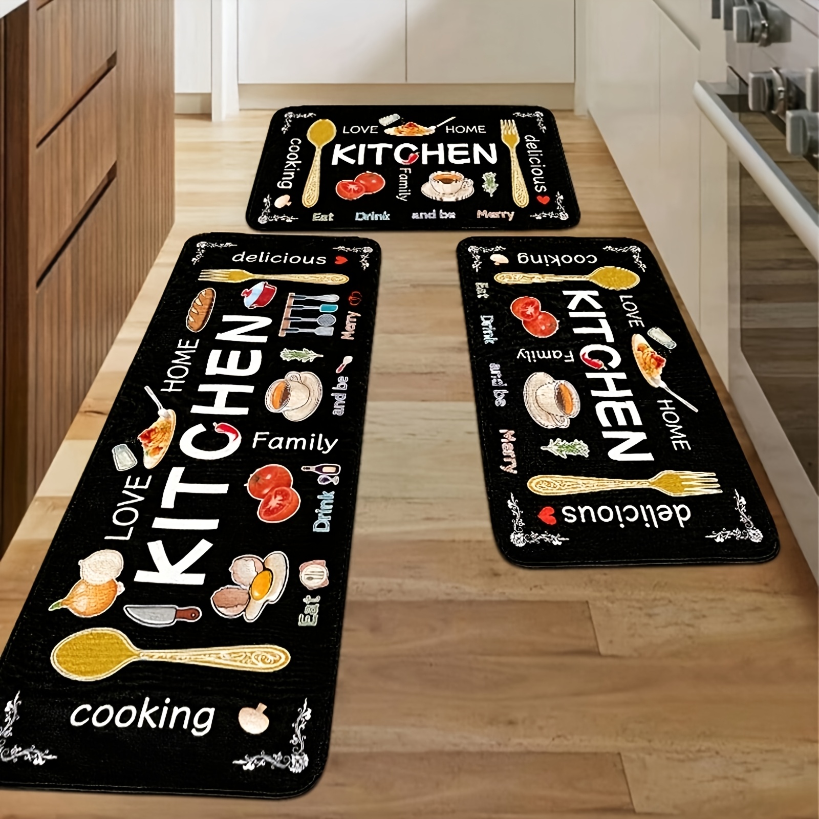 TEMU 3pcs Kitchen Rug Set, Whisk And Cutlery Kitchen Mat Theme, Decorative Rug, Soft, Easy To Clean, Suitable For Bedroom, Living Room And Dining